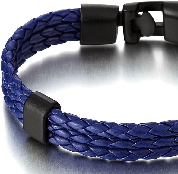 Exquisite Three Strand Rows Blue Braided Leather Bracelet for Mens Womens - COOLSTEELANDBEYOND Jewelry