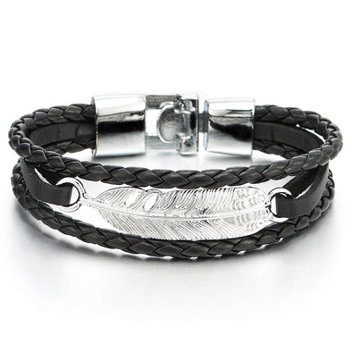 Feather Black Braided Leather Bracelet for Men Women Three-Row Leather Wristband - COOLSTEELANDBEYOND Jewelry