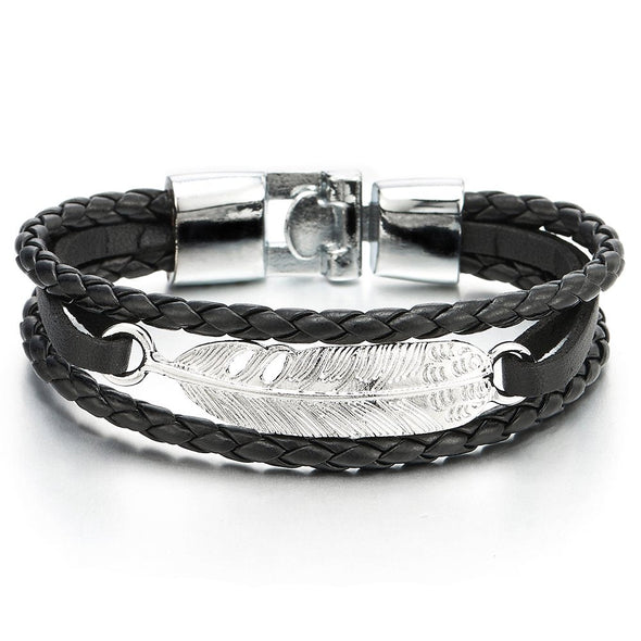 Feather Black Braided Leather Bracelet for Men Women Three-Row Leather Wristband - COOLSTEELANDBEYOND Jewelry