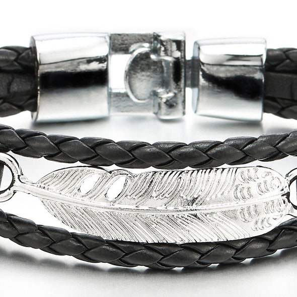 Feather Black Braided Leather Bracelet for Men Women Three-Row Leather Wristband - COOLSTEELANDBEYOND Jewelry