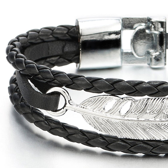 Feather Black Braided Leather Bracelet for Men Women Three-Row Leather Wristband - COOLSTEELANDBEYOND Jewelry