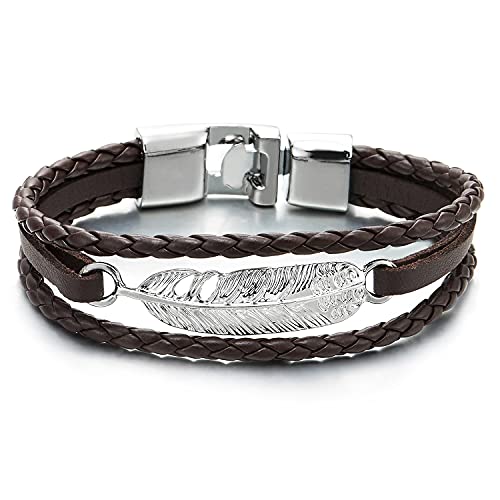 Feather Brown Braided Leather Bracelet for Men Women Three-Row Leather Wristband - COOLSTEELANDBEYOND Jewelry
