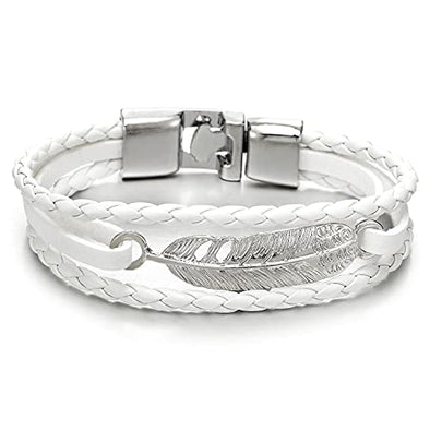 Feather White Braided Leather Bracelet for Men Women Three-Row Leather Wristband - COOLSTEELANDBEYOND Jewelry