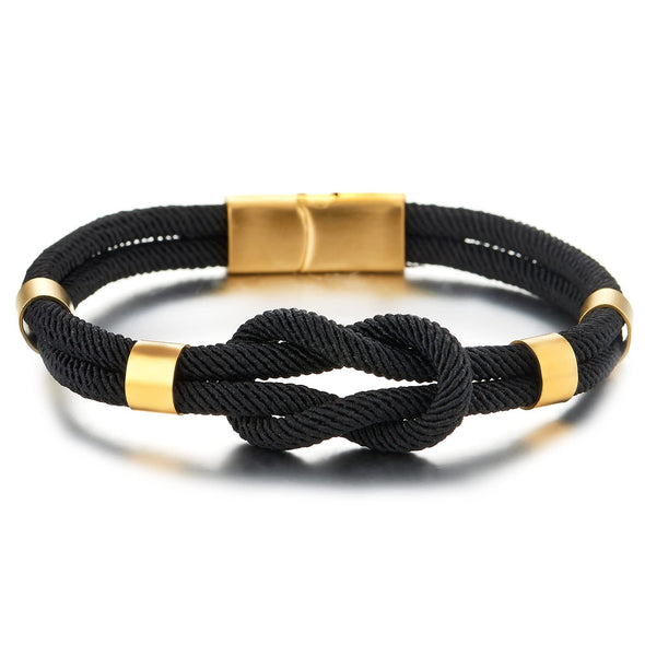 Friendship Nautical Knot Black Cotton Straps Double-Lap Wristband Bracelet, Gold Magnetic Clasp - COOLSTEELANDBEYOND Jewelry