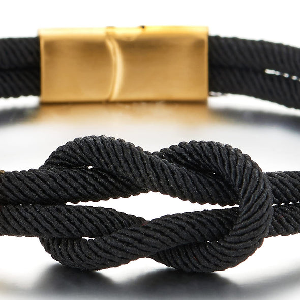Friendship Nautical Knot Black Cotton Straps Double-Lap Wristband Bracelet, Gold Magnetic Clasp - COOLSTEELANDBEYOND Jewelry