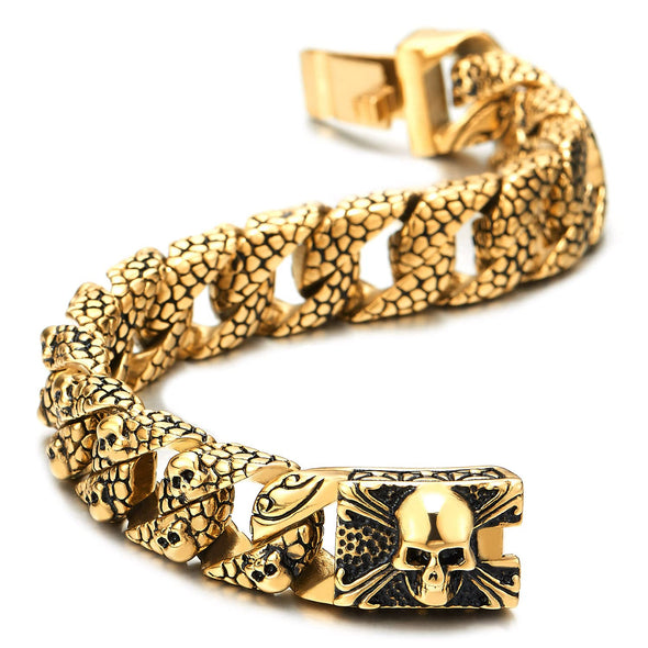 Gold Black Snake Skin Pattern Curb Chain Mens Large Steel Bracelet with Pirate Skull Clasp - COOLSTEELANDBEYOND Jewelry