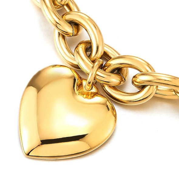 Gold Color Stainless Steel Rolo Chain Bracelet with Dangling Puff Heart, High Polished - COOLSTEELANDBEYOND Jewelry