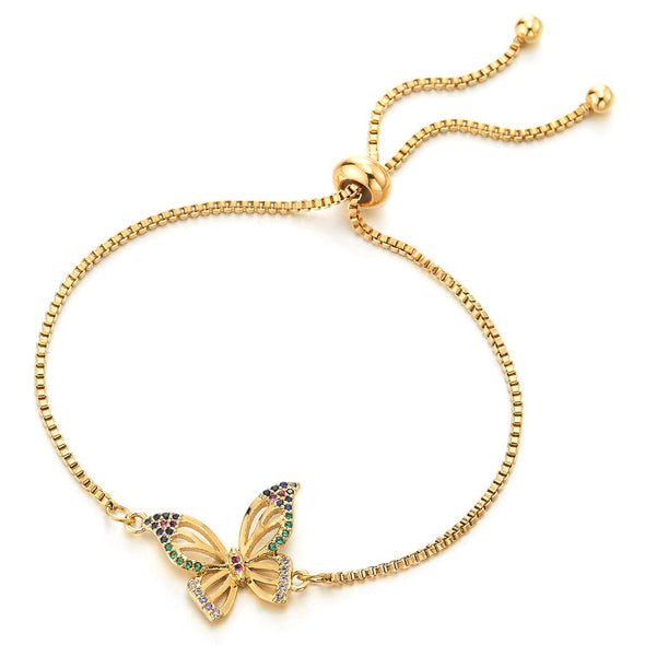 Gold Color Steel Link Box Chain Bracelet, Butterfly Charm with Colorful Cubic Zirconia, Adjustable - COOLSTEELANDBEYOND Jewelry
