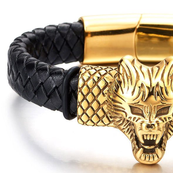 Gold Color Steel Wolf Head ID Identification Braided Black Leather Bangle Bracelet, Magnetic Clasp - COOLSTEELANDBEYOND Jewelry