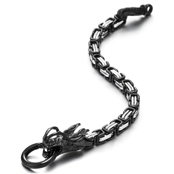 Gothic Biker Men Stainless Steel Dragon Byzantine Chain Bracelet, Spring Ring Clasp, Silver Black