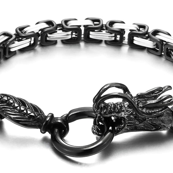 Gothic Biker Men Stainless Steel Dragon Byzantine Chain Bracelet, Spring Ring Clasp, Silver Black