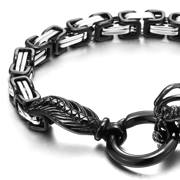 Gothic Biker Men Stainless Steel Dragon Byzantine Chain Bracelet, Spring Ring Clasp, Silver Black