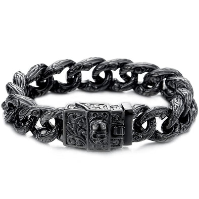 Gothic Retro Style Mens Large Steel Tribal Swirl Patterns Curb Chain Bracelet with Skull Box Clasp - COOLSTEELANDBEYOND Jewelry