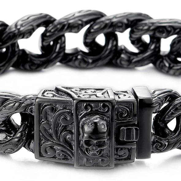 Gothic Retro Style Mens Large Steel Tribal Swirl Patterns Curb Chain Bracelet with Skull Box Clasp - COOLSTEELANDBEYOND Jewelry