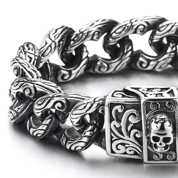 Gothic Retro Style Mens Large Steel Tribal Swirl Patterns Curb Chain Bracelet with Skull Box Clasp - coolsteelandbeyond