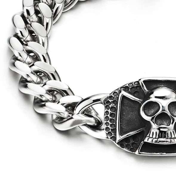 Gothic Stainless Steel Mens Vintage Cross Skull Concave Dotted ID Identification Curb Chain Bracelet - COOLSTEELANDBEYOND Jewelry