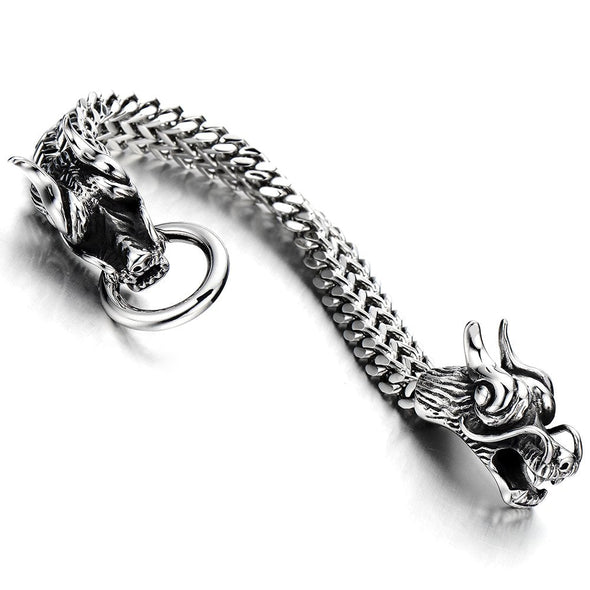 COOLSTEELANDBEYOND Gothic Style Biker Mens Stainless Steel Dragon Curb Chain Bracelet Spring Ring Clasp 8.3 Inches - coolsteelandbeyond