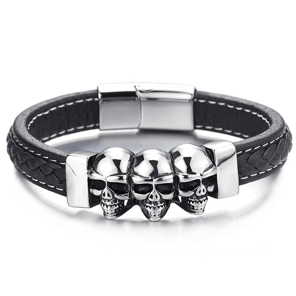 Gothic Style Mens Black Genuine Braided Leather Bracelet with Three Vintage Steel Skulls Polished - COOLSTEELANDBEYOND Jewelry