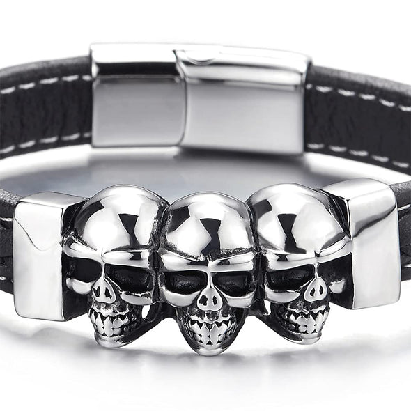 Gothic Style Mens Black Genuine Braided Leather Bracelet with Three Vintage Steel Skulls Polished - COOLSTEELANDBEYOND Jewelry