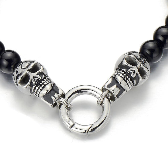 Gothic Style Mens Women Black Onyx Beads Bracelet with Stainless Steel Skulls - COOLSTEELANDBEYOND Jewelry