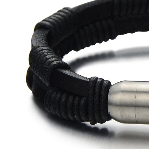 Hand-Made Leather Bangle Bracelet for Men with Stainless Steel Magnetic Clasp - coolsteelandbeyond