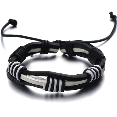 Hand-made Mens Ladies Black and White Braided Leather Bracelet Genuine Leather Wristband Wrap Bracelet - COOLSTEELANDBEYOND Jewelry