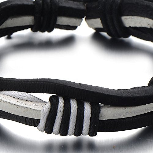 Hand-made Mens Ladies Black and White Braided Leather Bracelet Genuine Leather Wristband Wrap Bracelet - COOLSTEELANDBEYOND Jewelry