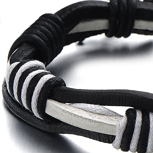 Hand-made Mens Ladies Black and White Braided Leather Bracelet Genuine Leather Wristband Wrap Bracelet - COOLSTEELANDBEYOND Jewelry