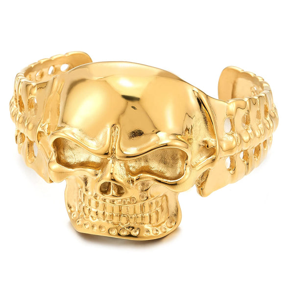 Heavy and Study Men Gold Color Steel Biker Skull Cuff Bangle Bracelet Silver Black Two-Tone Polished - COOLSTEELANDBEYOND Jewelry