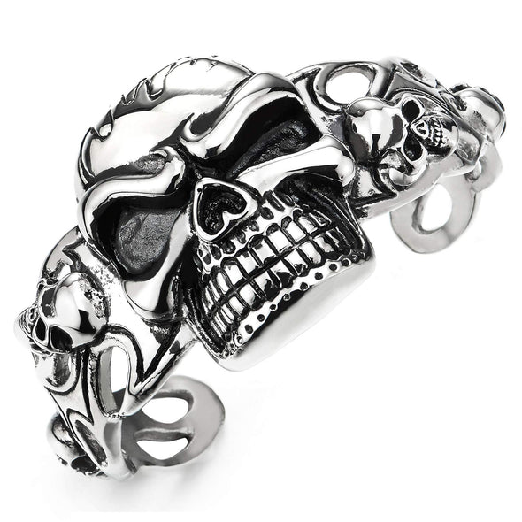 Heavy and Study Mens Stainless Steel Biker Vintage Flame Skull Wide Cuff Bangle Bracelet, Masculine