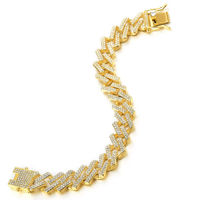 Hip Hop Men’s Women Steel Gold Color Geometric Square Cuban Curb Chain Bracelet with Cubic Zirconia - COOLSTEELANDBEYOND Jewelry