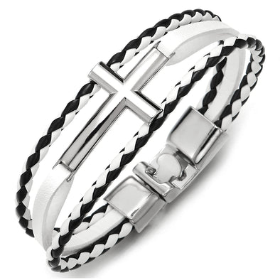 Horizontal Sideway Lateral Cross Black White Braided Leather Bangle Wristband Bracelet, Three-Row - COOLSTEELANDBEYOND Jewelry