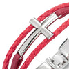 Horizontal Sideway Lateral Cross Red Braided Leather Bangle Wristband Bracelet, Three-Row - COOLSTEELANDBEYOND Jewelry