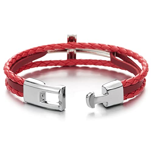 Horizontal Sideway Lateral Cross Red Braided Leather Bangle Wristband Bracelet, Three-Row - COOLSTEELANDBEYOND Jewelry