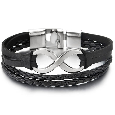 Infinity Love Number 8 Black Leather Bracelet for Men Women Three-Row Leather Wristband - COOLSTEELANDBEYOND Jewelry