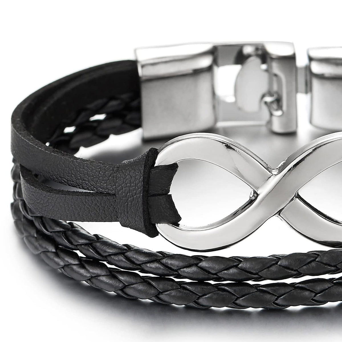 Infinity Love Number 8 Bracelet - Black Three-Row Leather Wristband For Men & Women, Adjustable 7.99 Inch, Alloy & Synthetic Leather - View #6