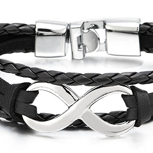 COOLSTEELANDBEYOND Infinity Love Number 8 Leather Bangle Bracelet for Men Women Three-Row Wristband - coolsteelandbeyond