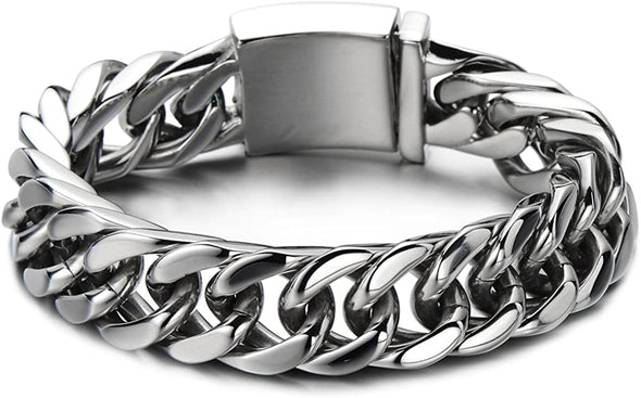 Masculine Style 16MM Wide Curb Chain Bracelet for Men Stainless Steel Silver Color - COOLSTEELANDBEYOND Jewelry