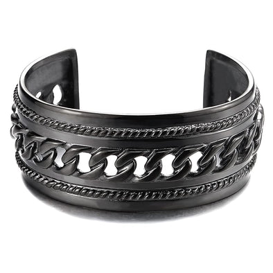 Masculine Wide Steel Cuff Bangle Bracelet for Men Women with Curb Chain Ornament - COOLSTEELANDBEYOND Jewelry