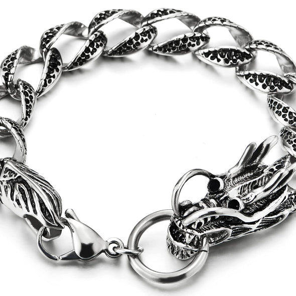 Men Gothic Biker Steel Link of Dragon Bracelet with Lobster Claw, Silver Black Two-tone Polished - COOLSTEELANDBEYOND Jewelry