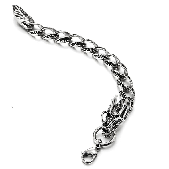 Men Gothic Biker Steel Link of Dragon Bracelet with Lobster Claw, Silver Black Two-tone Polished - COOLSTEELANDBEYOND Jewelry