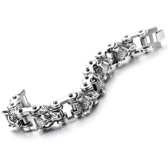 Men Heavy and Sturdy Steel Wolf Heads Link Chain Motorcycle Bike Chain Bracelet with Fold-over Clasp