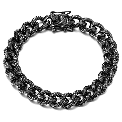 Men’s Stainless Steel Black Textured Curb Chain Bangle Bracelet, Unique Minimalist - COOLSTEELANDBEYOND Jewelry