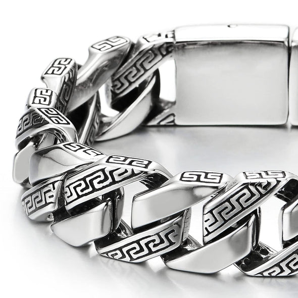 Men’s Stainless Steel Curb Chain Bracelet with Greek Key Pattern, Silver Color High Polished - COOLSTEELANDBEYOND Jewelry