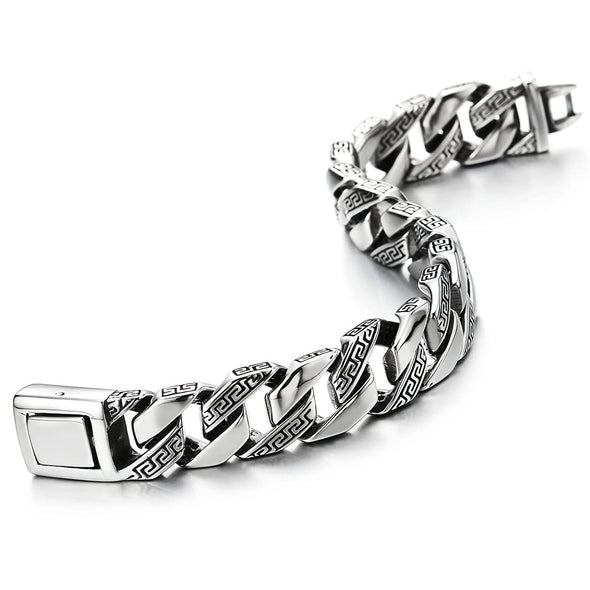Men’s Stainless Steel Curb Chain Bracelet with Greek Key Pattern, Silver Color High Polished - COOLSTEELANDBEYOND Jewelry