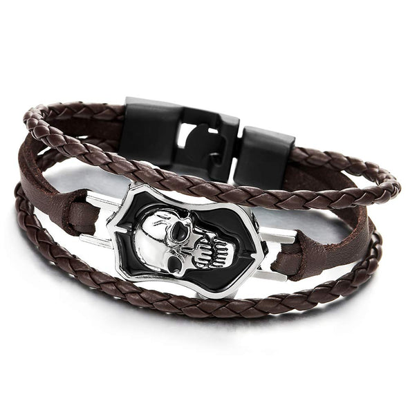 Men Silver Black Shield Skull Brown Braided Leather Bracelet Multi-Strand Leather Wristband Bracelet - COOLSTEELANDBEYOND Jewelry