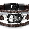 Men Silver Black Shield Skull Brown Braided Leather Bracelet Multi-Strand Leather Wristband Bracelet - COOLSTEELANDBEYOND Jewelry
