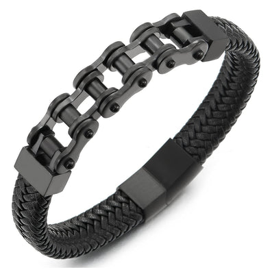 Men Stainless Steel Black Motorcycle Bike Chain Bracelet Black Braided Leather Bangle Magnetic Clasp - COOLSTEELANDBEYOND Jewelry