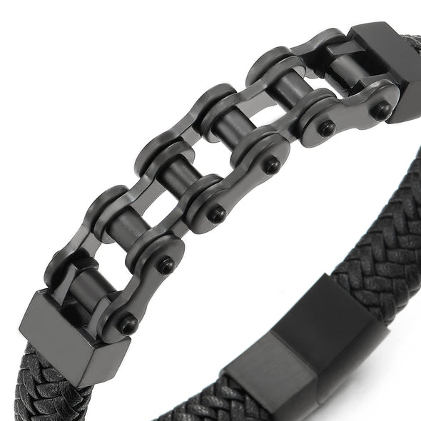 Men Stainless Steel Black Motorcycle Bike Chain Bracelet Black Braided Leather Bangle Magnetic Clasp - COOLSTEELANDBEYOND Jewelry