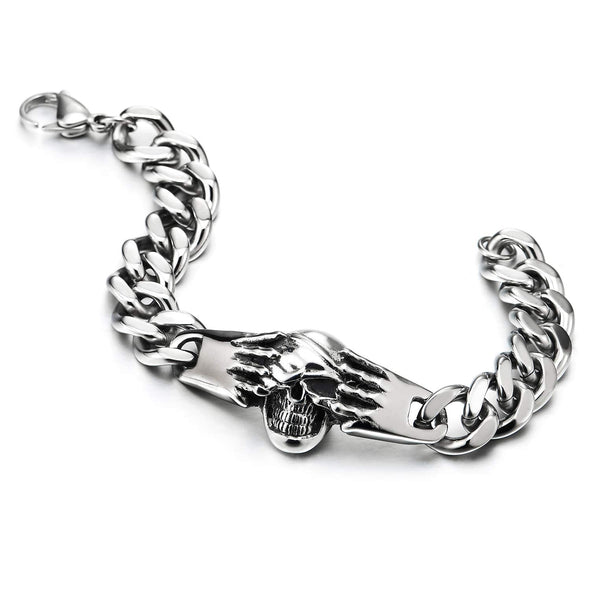 Men Stainless Steel Curb Chain Bracelet, ID Identification with Vintage Skull Hands Skeleton, Unique - COOLSTEELANDBEYOND Jewelry